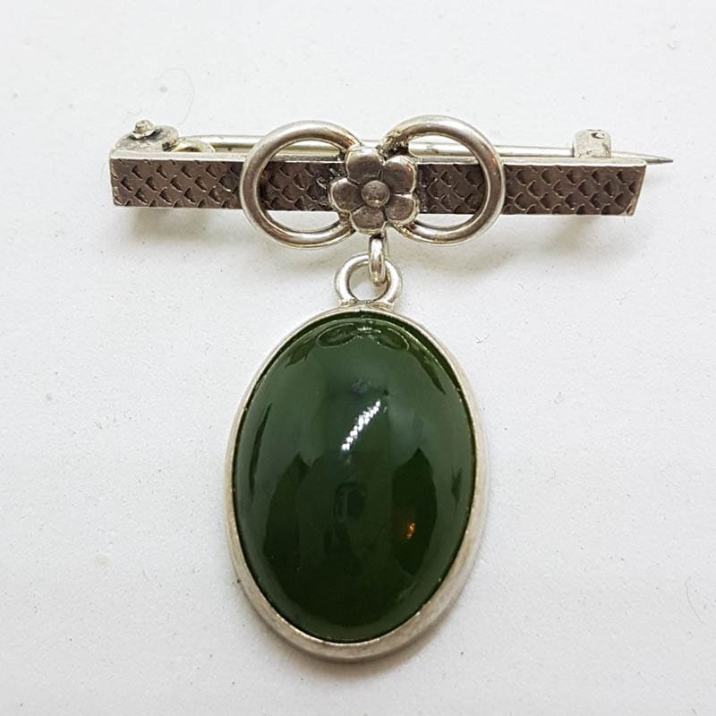 Sterling Silver Oval Jade on Bar Brooch