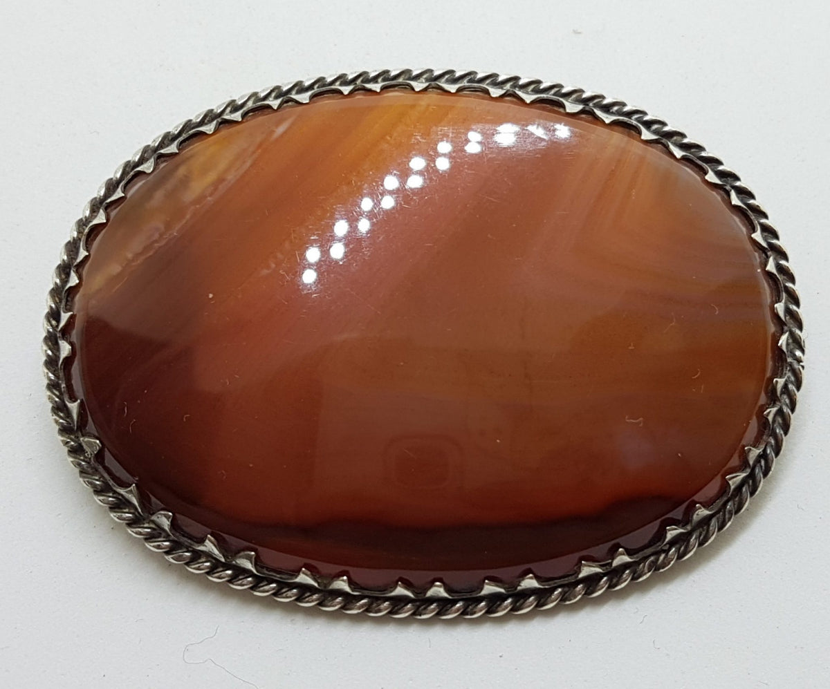 Sterling Silver Antique Large Oval Agate Brooch