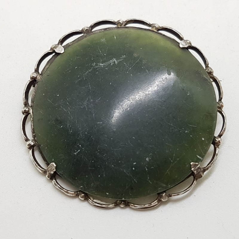 Sterling Silver Large Round Green Jade Brooch
