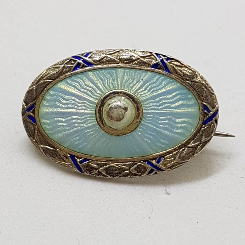 Sterling Silver Blue Guilloche Enamel Oval Brooch