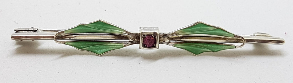 Sterling Silver Green Enamel with Stone Long Bar Brooch