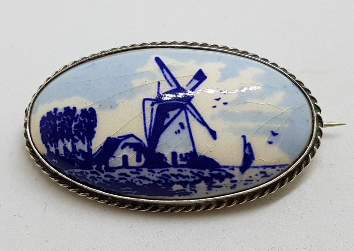 835 Silver Oval Delft Windmill Brooch