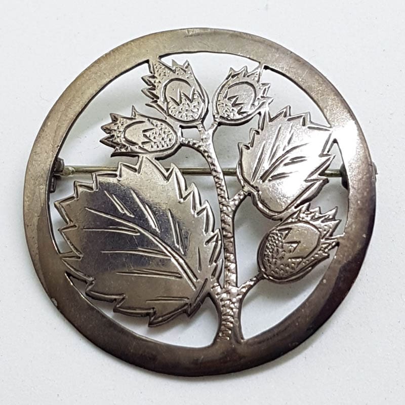 835 Silver Ornate Cut Out Flower / Thistle Large Round Brooch