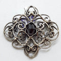800 Silver Ornate Red Stone Filigree Brooch