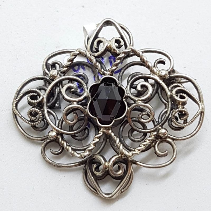 800 Silver Ornate Red Stone Filigree Brooch