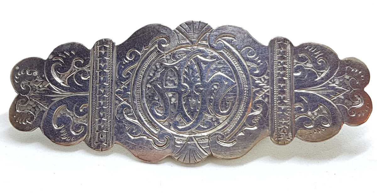 Sterling Silver Antique Large and Ornate Monogrammed Elongated Brooch. Initialed A H