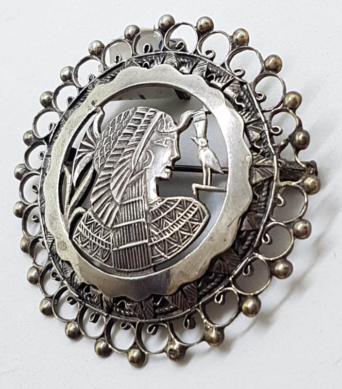 Sterling Silver Large Round Ornate Egyptian Design Brooch / Pendant
