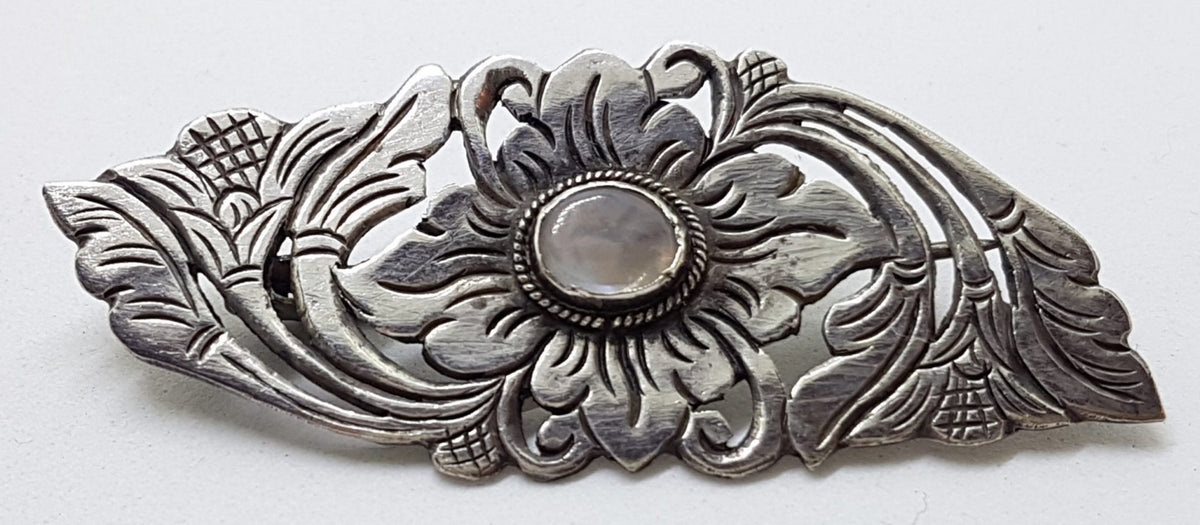 Sterling Silver Large Ornate Floral Design Moonstone Brooch