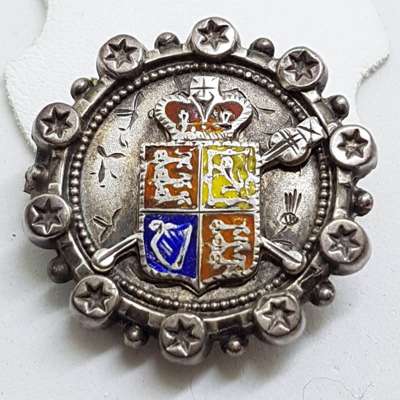 Sterling Silver &amp; Enamel Crest / Shield Antique Round Brooch