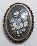 Sterling Silver Painted Floral Oval Brooch