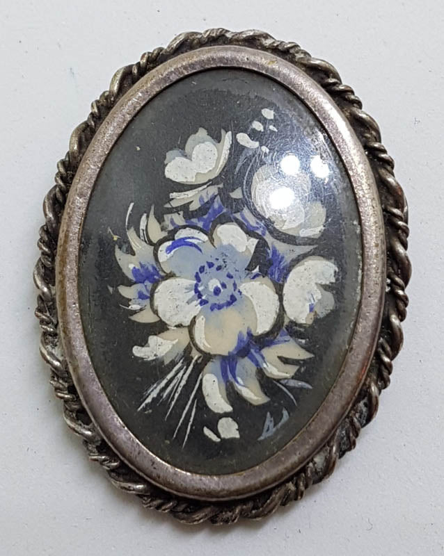 Sterling Silver Painted Floral Oval Brooch