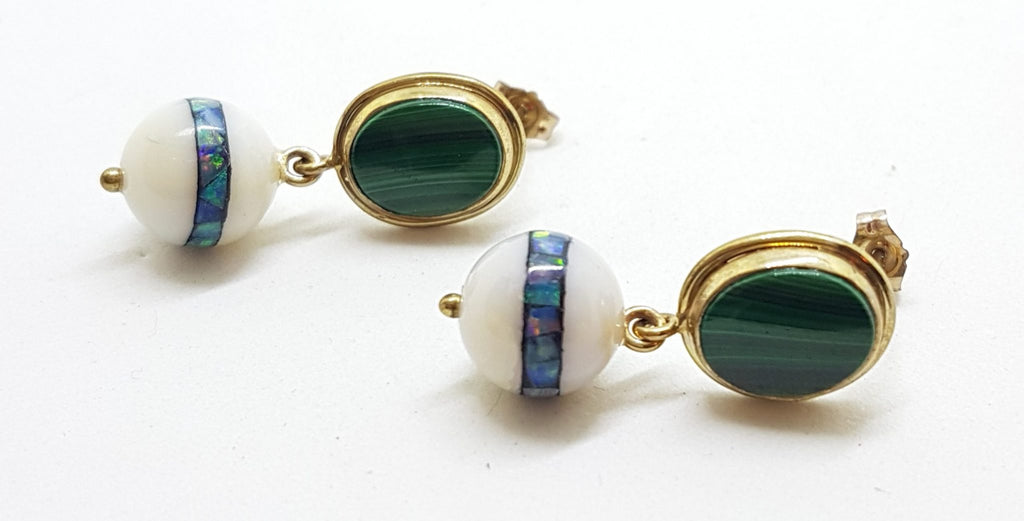 9ct Yellow Gold Malachite with Agate and Opal Inlay Handmade Ball Drop Earrings