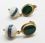 9ct Yellow Gold Malachite with Agate and Opal Inlay Handmade Ball Drop Earrings