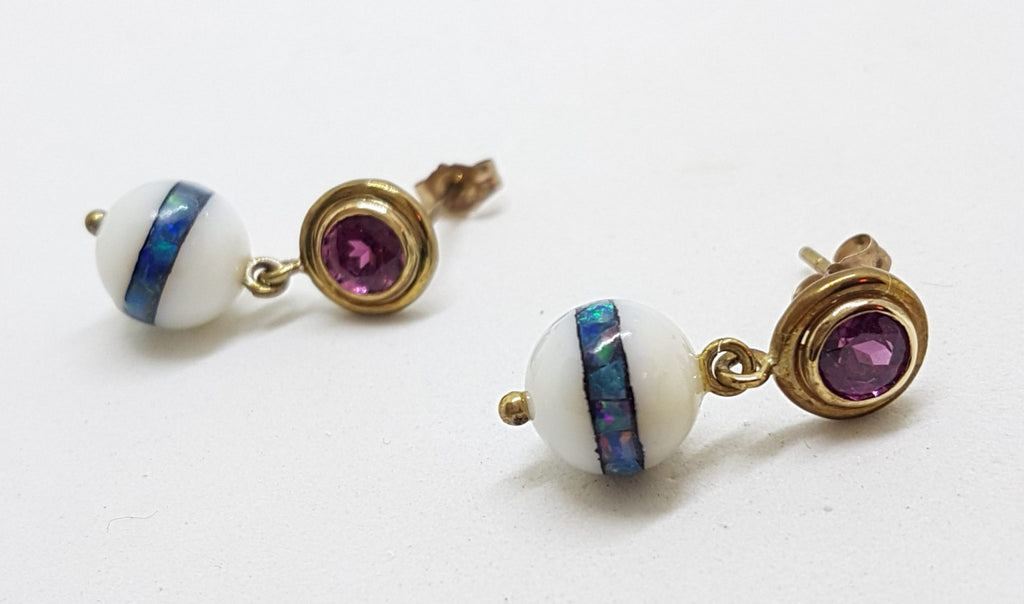 9ct Yellow Gold Rhodolite Garnet with Agate and Opal Inlay Handmade Ball Drop Earrings