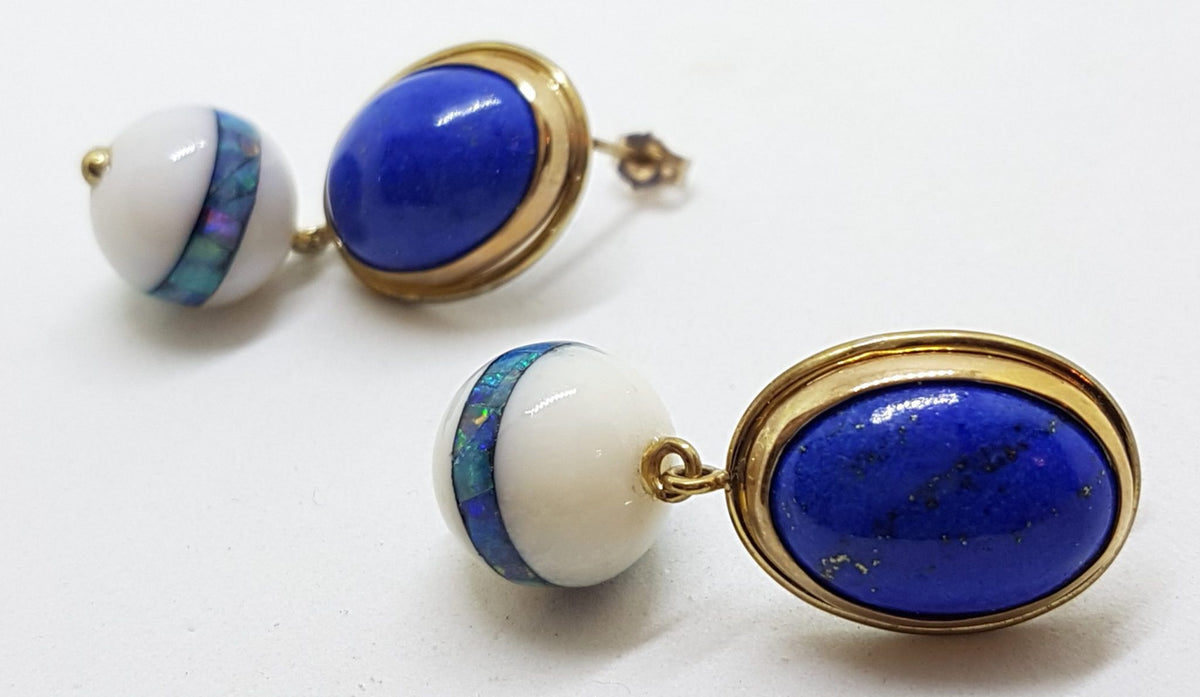 9ct Yellow Gold Large Lapis Lazuli with Agate and Opal Inlay Handmade Ball Drop Earrings