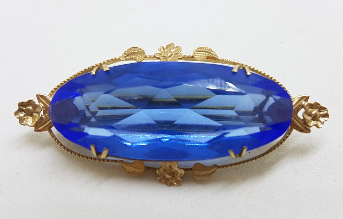 9ct Yellow Gold Large Oval Blue Paste Ornate Brooch – Antique / Vintage