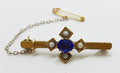 9ct Yellow Gold Blue Paste with Seed Pearl Cross on Bar Brooch – Antique / Vintage