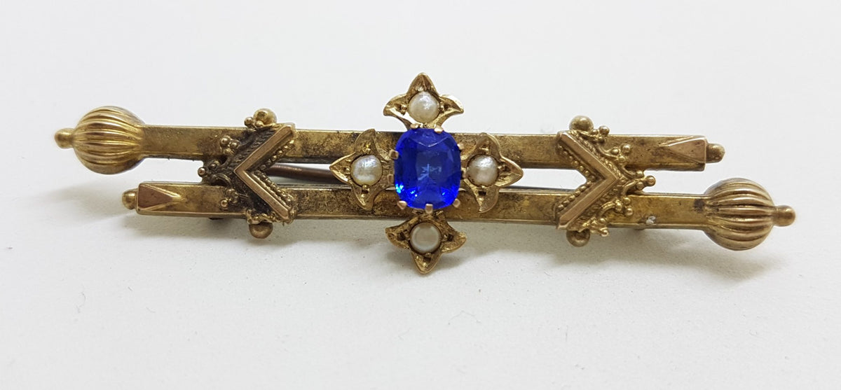15ct Yellow Gold Blue Paste with Seed Pearl Cross on Ornate Bar Brooch – Antique / Vintage