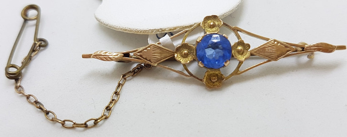9ct Yellow Gold Ornate Blue Floral Bar Brooch – Antique / Vintage
