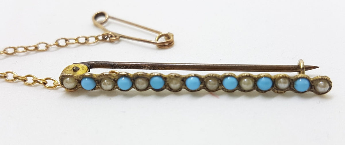 9ct Yellow Gold Turquoise and Seed Pearl Bar Brooch – Antique / Vintage