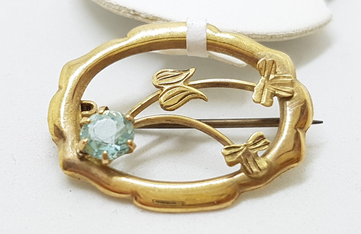 9ct Yellow Gold Light Blue Paste Ornate Oval Brooch – Antique / Vintage