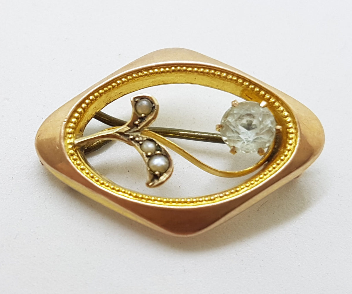 9ct Yellow Gold Light Blue Stone &amp; Seed Pearl Ornate Oval Brooch – Antique / Vintage