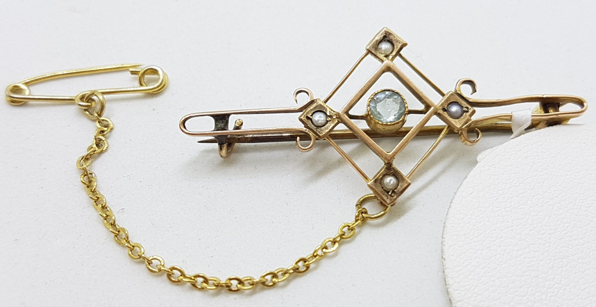 9ct Yellow Gold Aquamarine and Seed Pearl Bar Brooch - Antique / Vintage