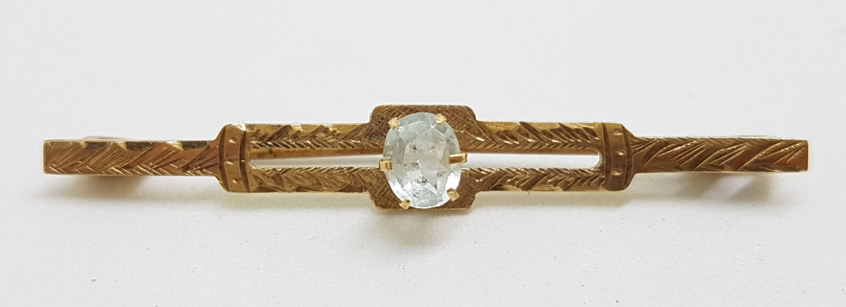 9ct Rose Gold Light Blue Stone Ornate Bar Brooch – Antique / Vintage