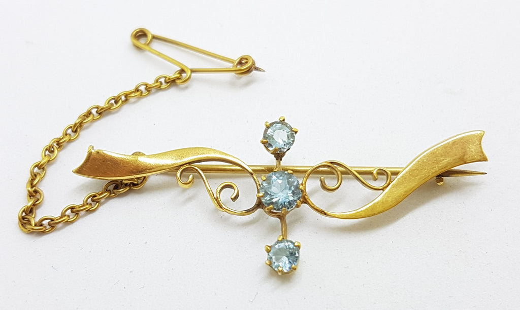 9ct Yellow Gold Aquamarine Ornate Twist Bar Brooch - Antique / Vintage