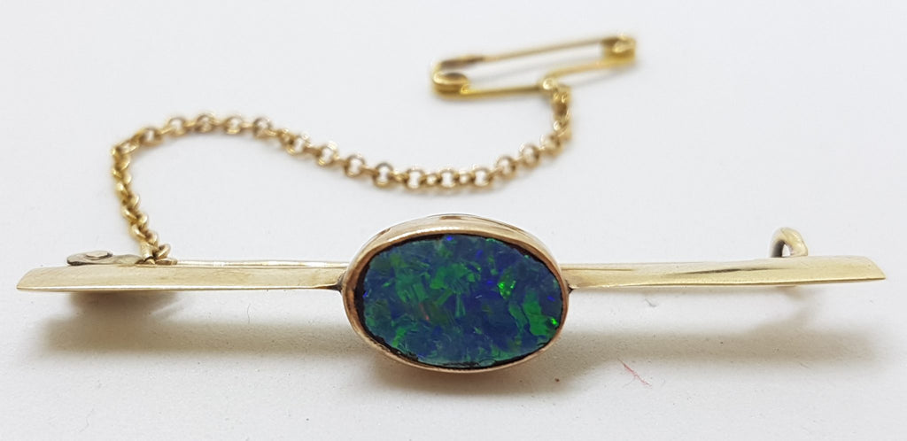 9ct Yellow Gold Blue Opal Bar Brooch – Antique / Vintage