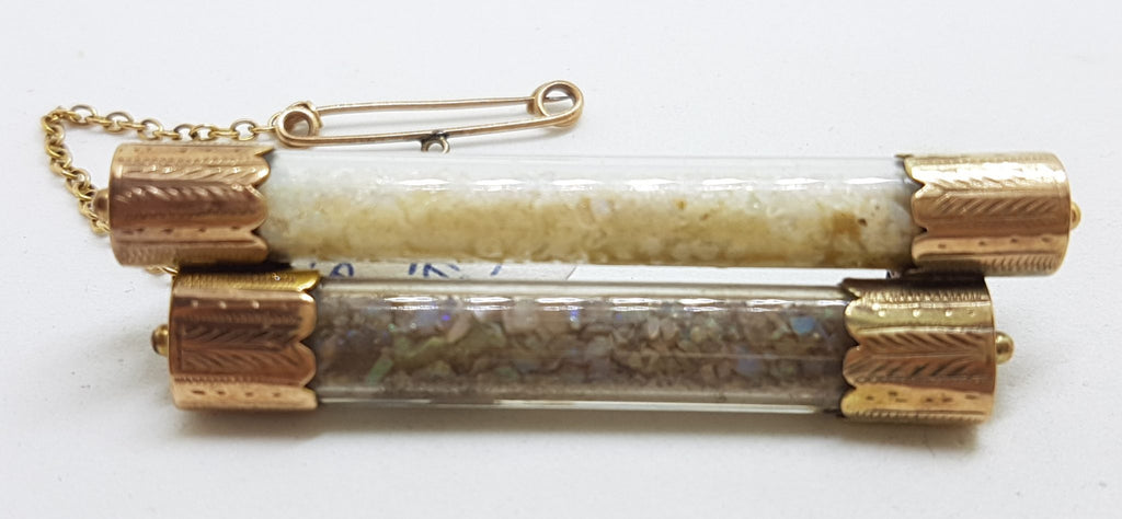 9ct Yellow Gold Glass Tubes of Opal Pieces in Bar Brooch – Antique / Vintage