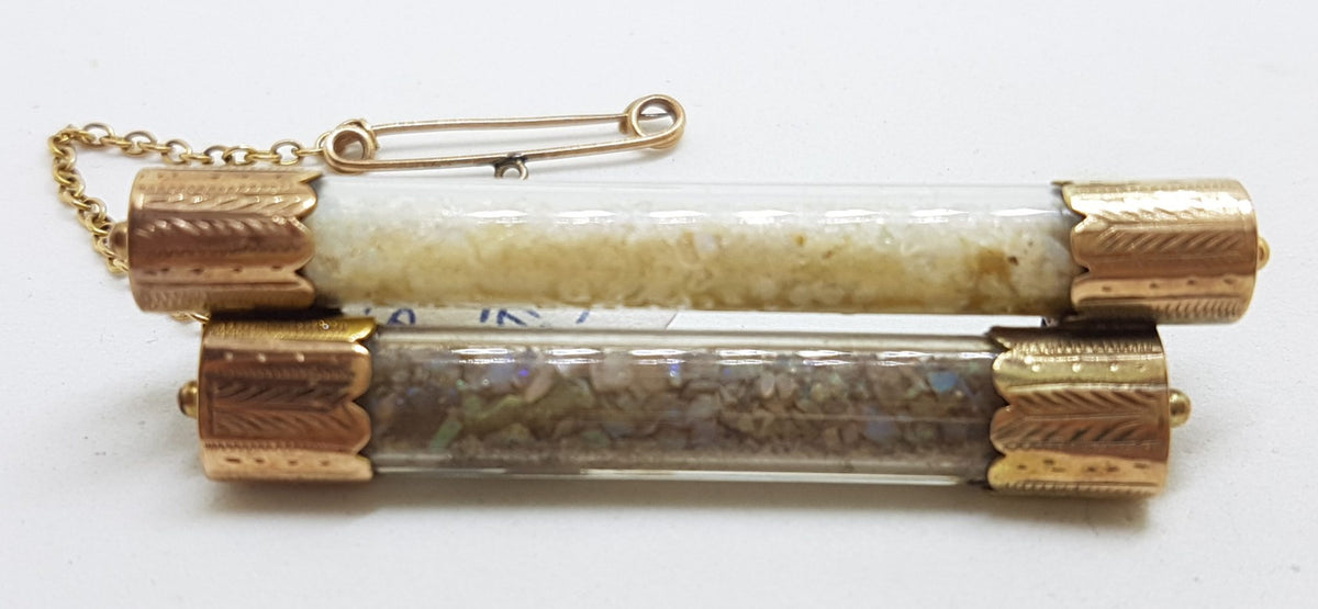 9ct Yellow Gold Glass Tubes of Opal Pieces in Bar Brooch – Antique / Vintage