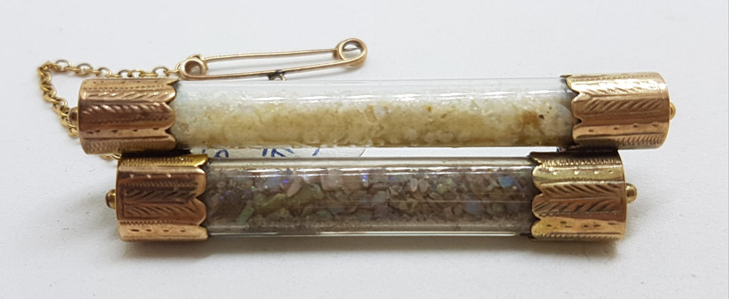 9ct Yellow Gold Glass Tubes of Opal Pieces in Bar Brooch – Antique / Vintage