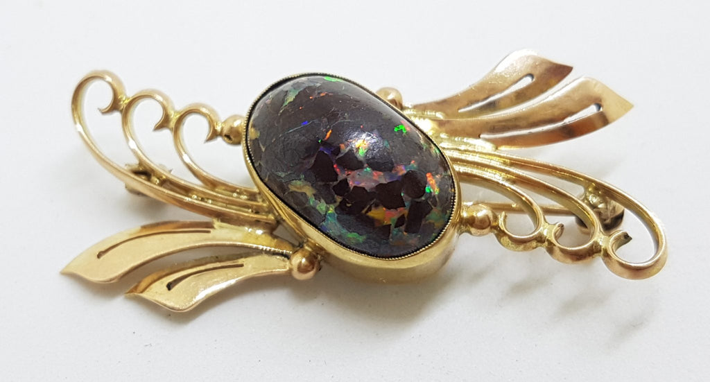 9ct Yellow Gold Boulder Opal Ornate Twist/ Bow Brooch – Antique / Vintage