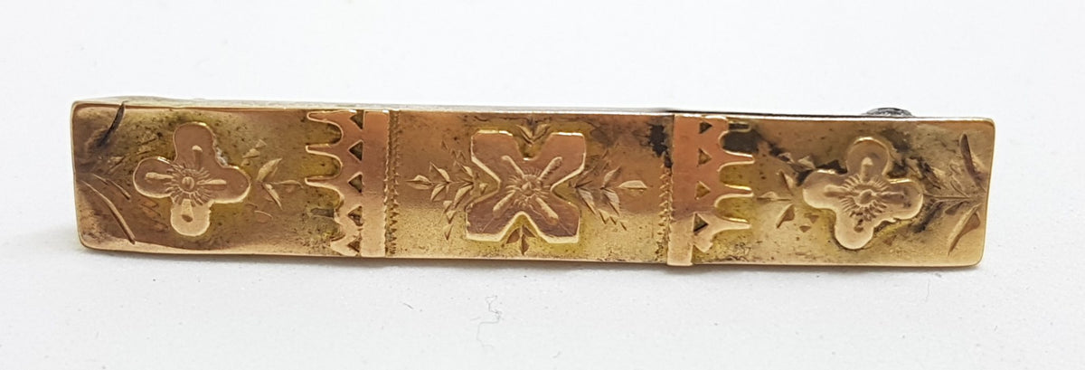 9ct Yellow Gold Rectangular Ornate Floral and Cross Bar Brooch – Antique / Vintage