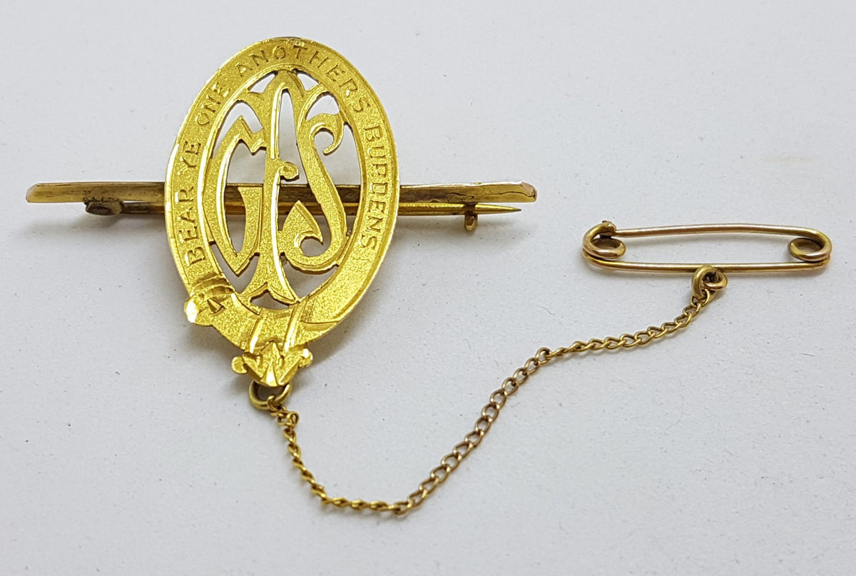 9ct Yellow Gold Initialed G.F.S. “Bear Ye One Anothers Burdens” Oval Medallion on Bar Brooch - Antique / Vintage