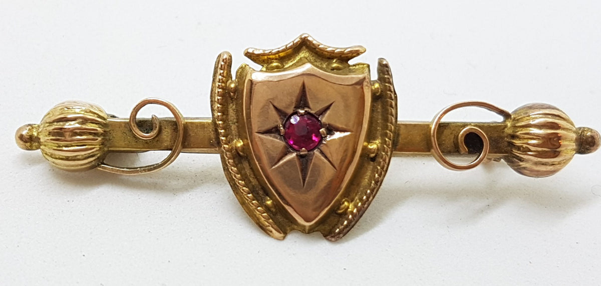 9ct Rose Gold Red Stone Shield Bar Brooch – Antique / Vintage