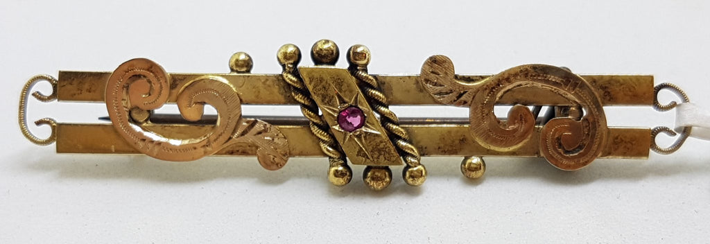 9ct Yellow Gold Ruby Ornate Bar Brooch – Antique / Vintage