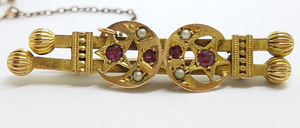 9ct Yellow Gold Ruby and Seed Pearl Double Star and Crescent Moon Bar Brooch – Antique / Vintage