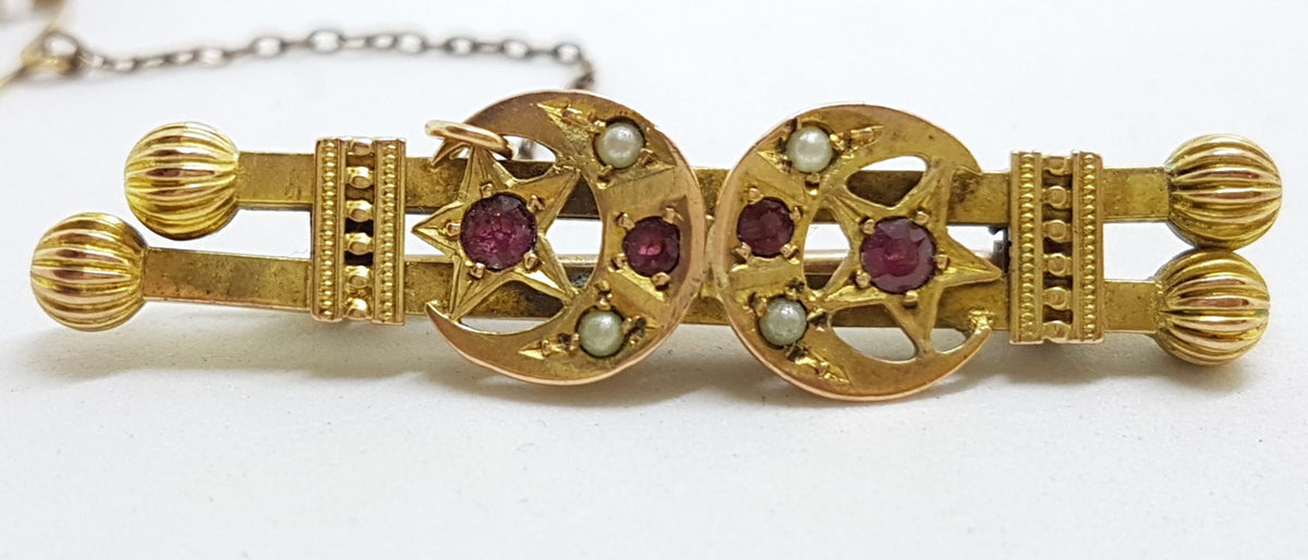 9ct Yellow Gold Ruby and Seed Pearl Double Star and Crescent Moon Bar Brooch – Antique / Vintage