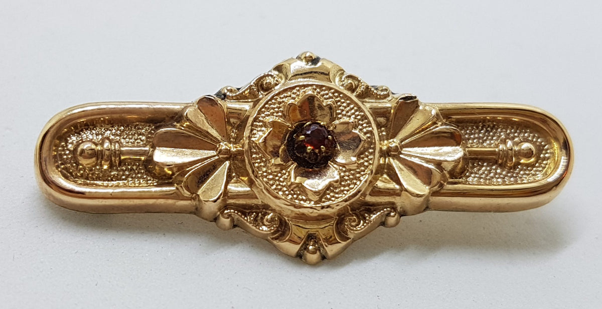 9ct Rose Gold Garnet Ornate Bar Brooch – Antique / Vintage