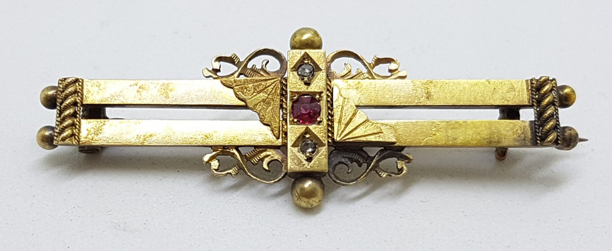 15ct Yellow Gold Ruby and Diamond Ornate Bar Brooch – Antique / Vintage
