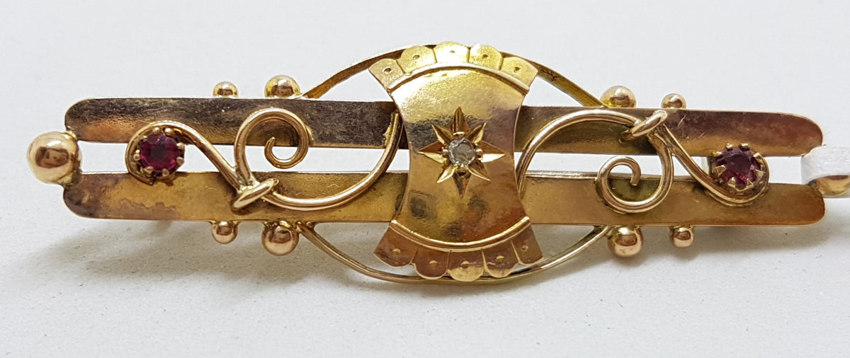 9ct Yellow Gold Ruby &amp; Diamond Ornate Bar Brooch – Antique / Vintage