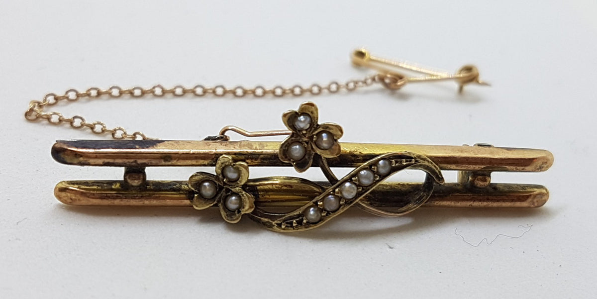 9ct Rose Gold Seed Pearl Clover Leaf Flower Twist Bar Brooch – Antique / Vintage
