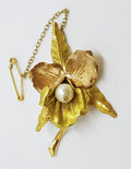 18ct Yellow Gold Large Ornate Orchid Flower Shape Pearl Brooch – Antique / Vintage