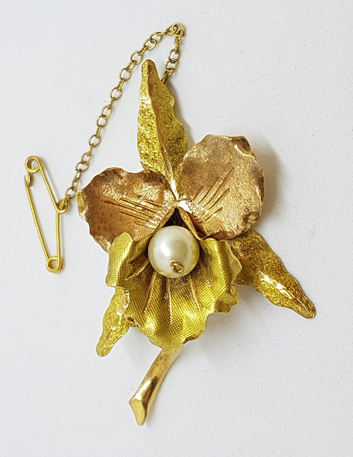 18ct Yellow Gold Large Ornate Orchid Flower Shape Pearl Brooch – Antique / Vintage