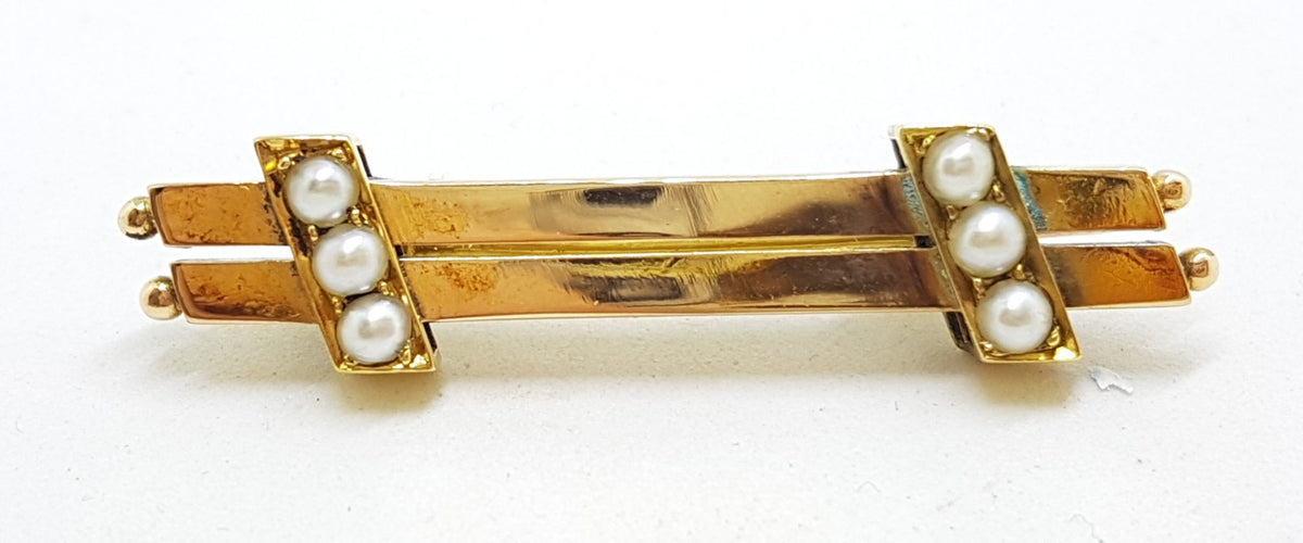 9ct Yellow Gold Seed Pearl Bar Brooch - Antique / Vintage