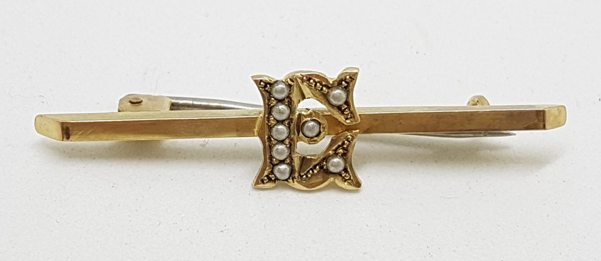 9ct Yellow Gold Seed Pearl Initial E Bar Brooch – Antique / Vintage