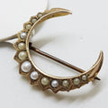 15ct Yellow Gold Seed Pearl Crescent Moon Brooch - Antique / Vintage