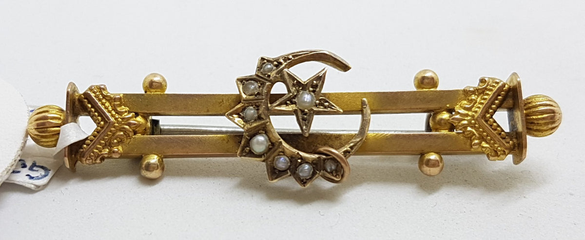 9ct Yellow Gold Seed Pearl Ornate Crescent and Star Bar Brooch - Antique / Vintage